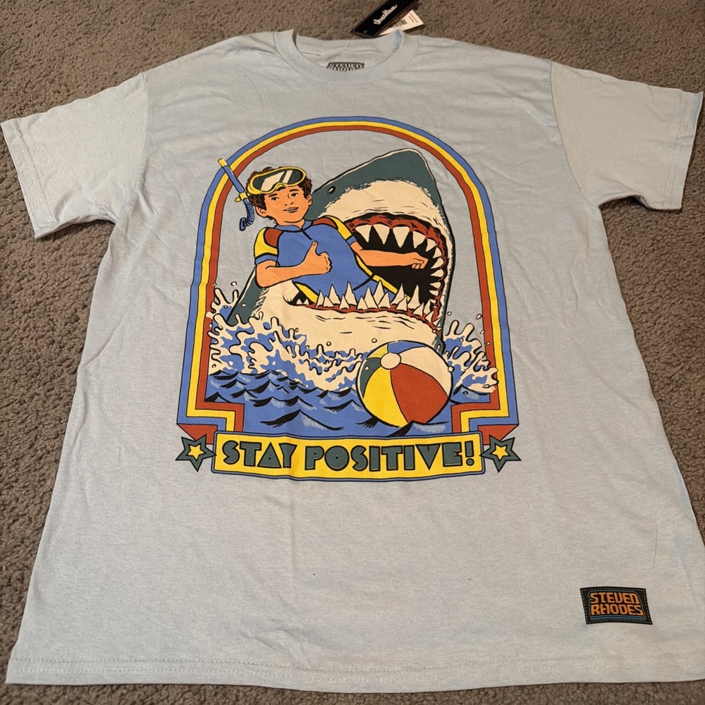 Steven Rhodes Stay Positive Shark T-Shirt Medium NWT 100% Cotton Light Blue